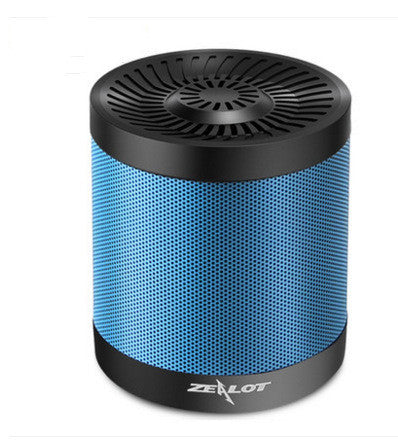 Blue and black cylindrical speaker with 'Zealot' branding on a white background